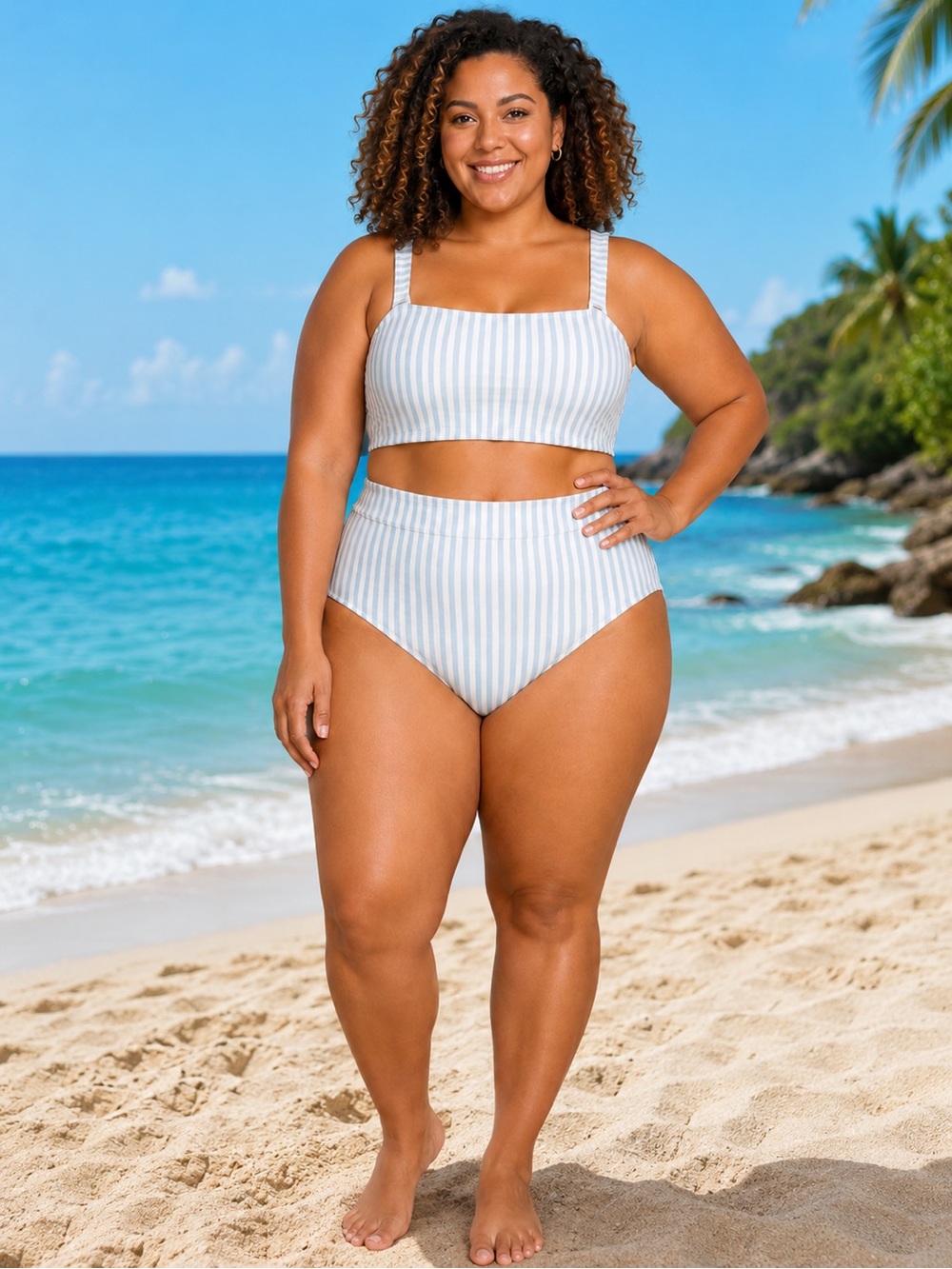#S59 - High-Waisted Striped Seersucker Bikini and top 2  pcs. Swimsuit - 4X
